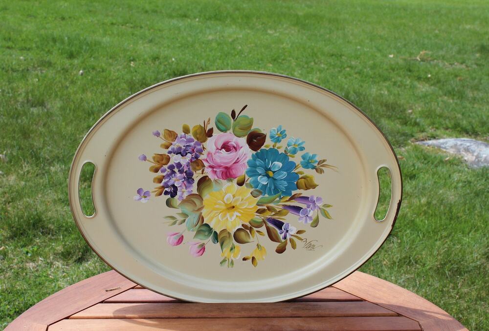Nashco Tole Painted Metal Tray Vintage Hand Painted Floral Toleware Beige